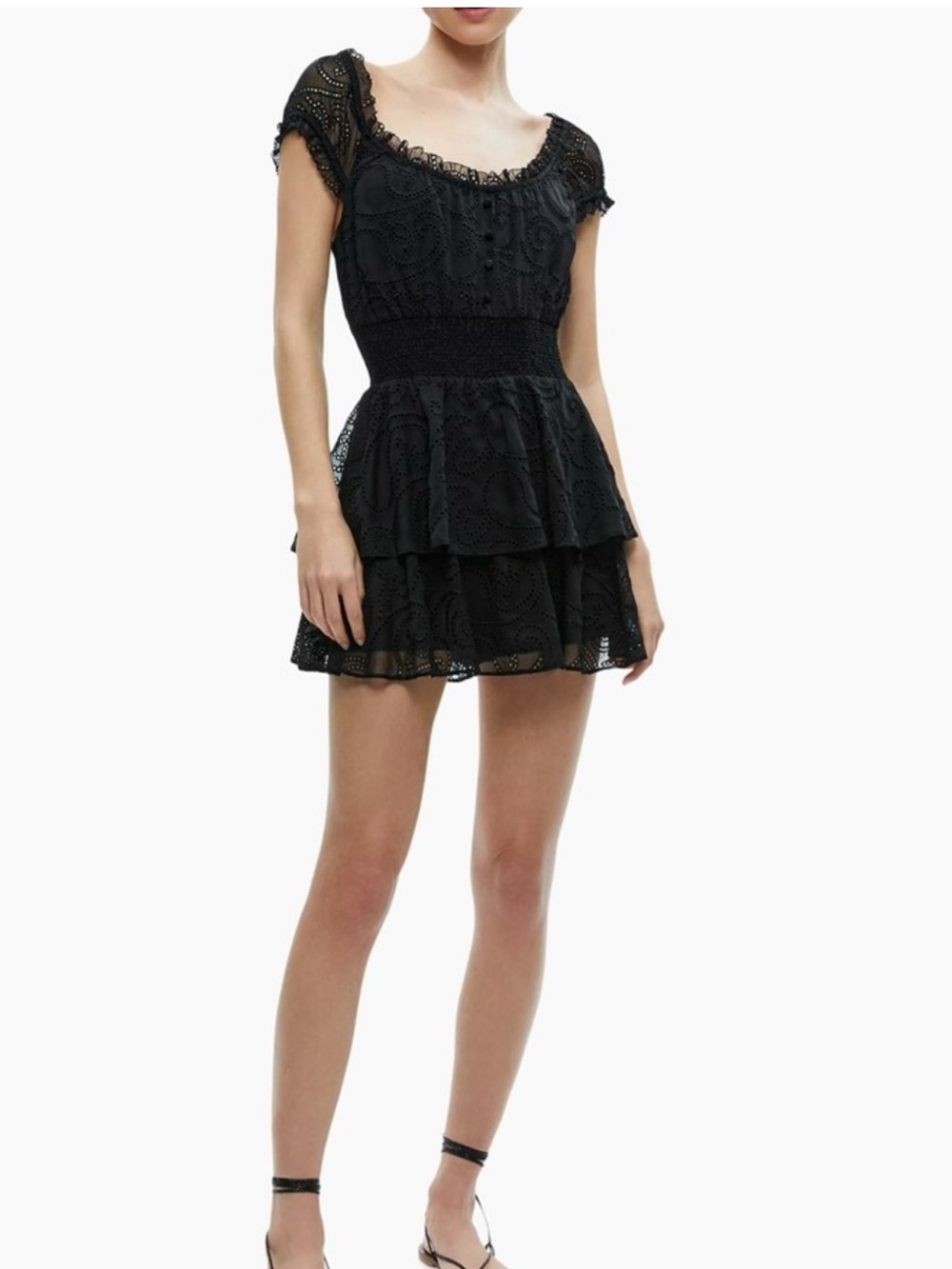 Alice + Olivia Black Eyelet Tiered Mini Dress